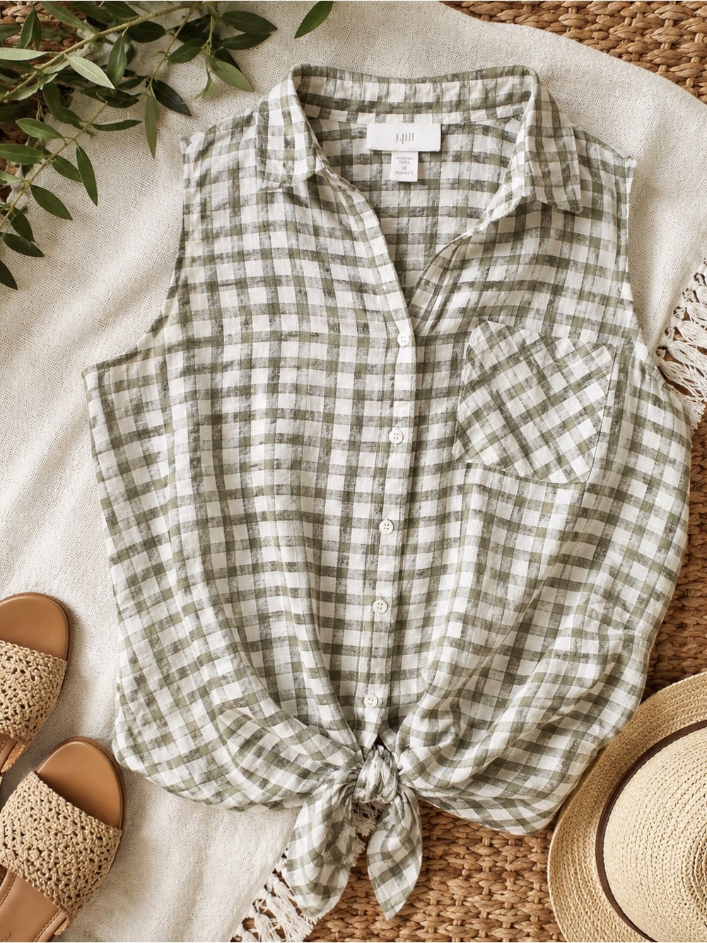 J. Jill Plaid Sleeveless Tie Front Blouse 1X Cotton Silk EUC Cottagecore Coastal